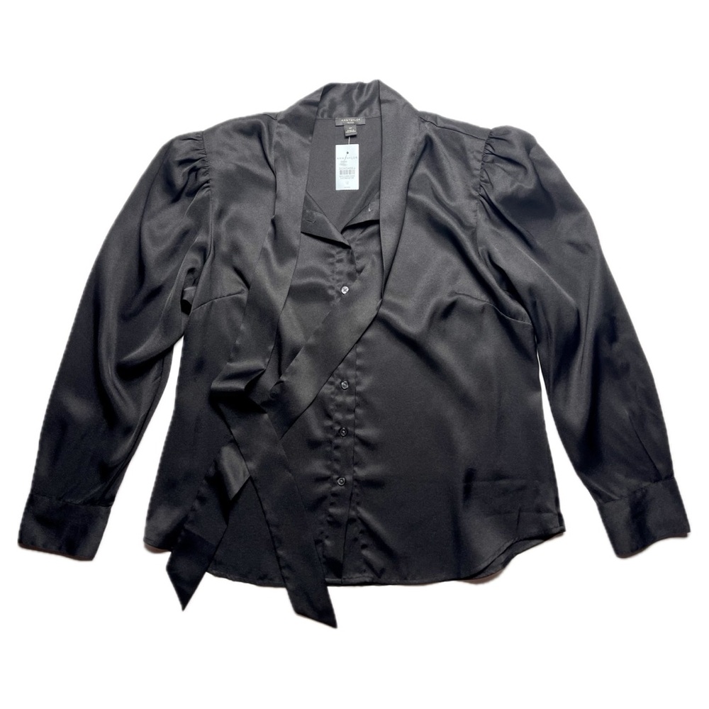 Ann Taylor Tie Blouse Puffy Gathered Sleeves Button Down Black Woman’s Size 12P